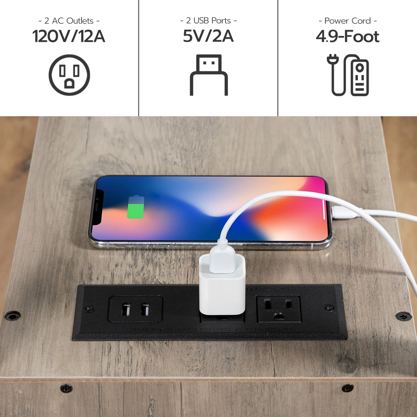 Schmaler Beistelltisch mit Ladestation, 2 Schubladen, USB-Port und Steckdosen, Nachtisch für kleine Räume im Amerikanischen Landhausstil - Unique Outlet