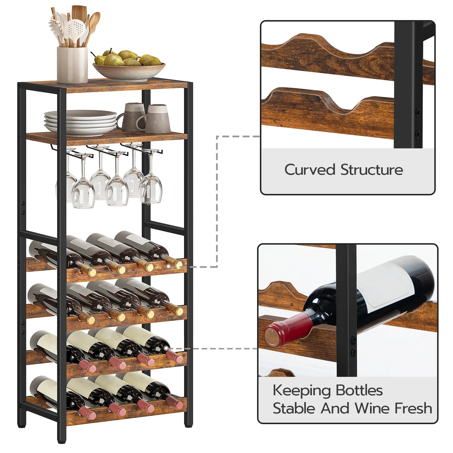 Freistehendes Weinregal für 16 Flaschen mit Tischplatte und Gläserhalter, für Küche und Bar in Rustikalem Braun - Unique Outlet