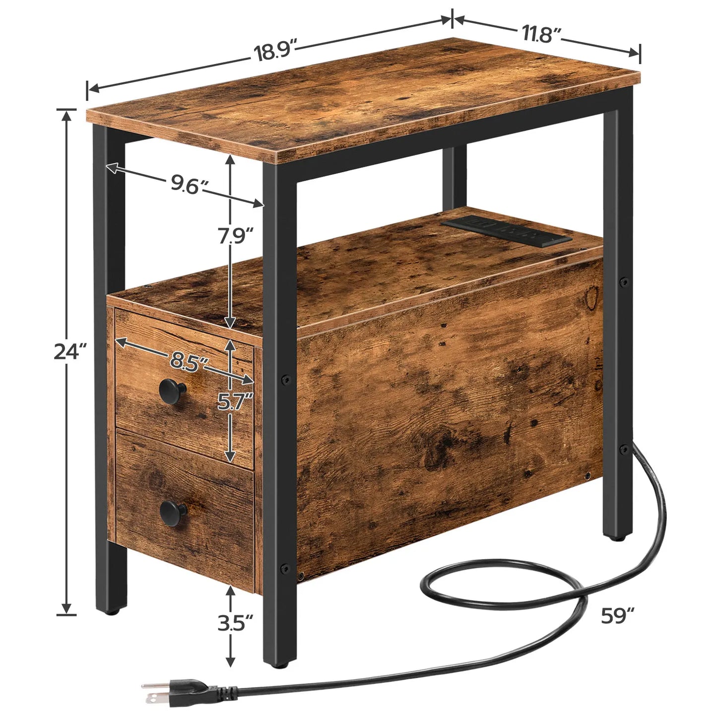 Schmaler Beistelltisch mit Ladestation, 2 Schubladen, USB-Port und Steckdosen, Nachtisch für kleine Räume im Amerikanischen Landhausstil - Unique Outlet