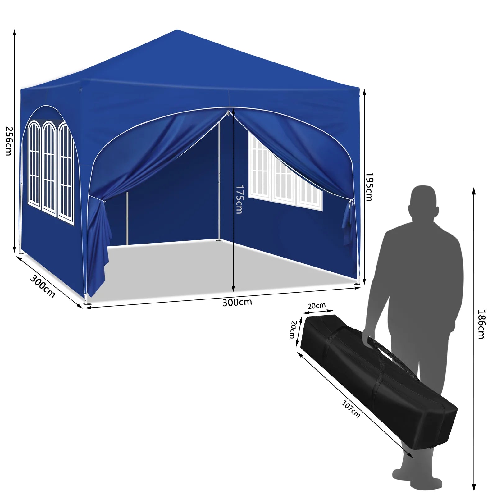 Faltbarer Pavillon mit 4 Seitenwänden 3x3m - Partyzelt mit Wasserabweisendem UV-Schutz, Höhenverstellbar für Garten, Camping, Picknick - Unique Outlet