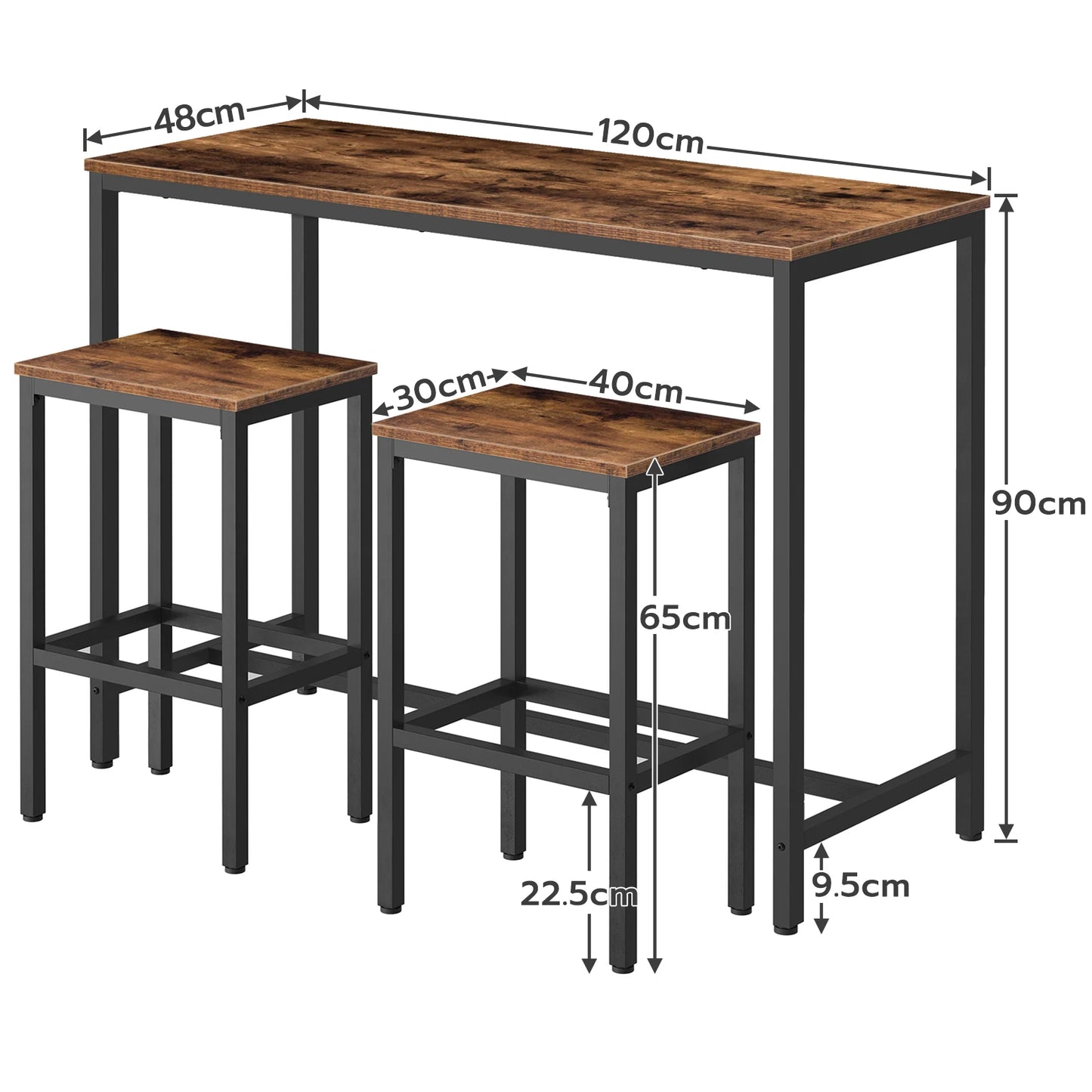 Bar-Set mit Tisch und Stühlen, 120 cm Rechteckiger Stehtisch und 2 Hocker, 3-teiliges Frühstücksset für Küche, Wohnzimmer und Esszimmer mit stabilem Metallgestell - Unique Outlet