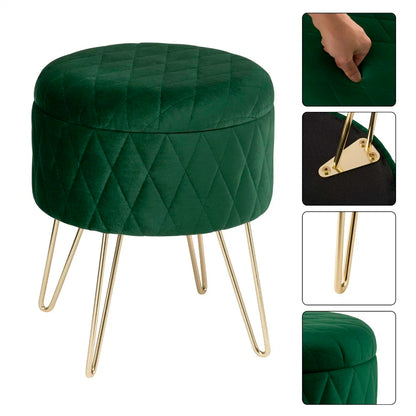 Samt-Puff Hocker mit Stauraum und Deckel - Rund, mit goldenen Metallfüßen für Sofa und Schlafzimmer - Unique Outlet