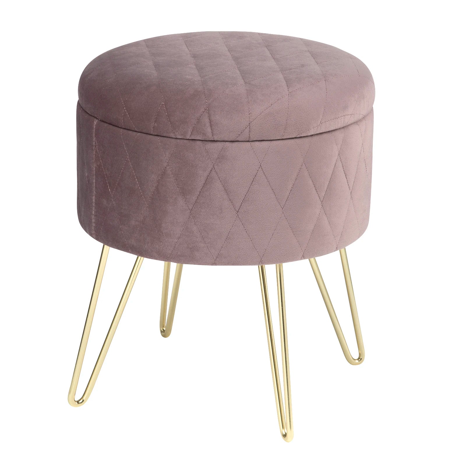 Samt-Puff Hocker mit Stauraum und Deckel - Rund, mit goldenen Metallfüßen für Sofa und Schlafzimmer - Unique Outlet