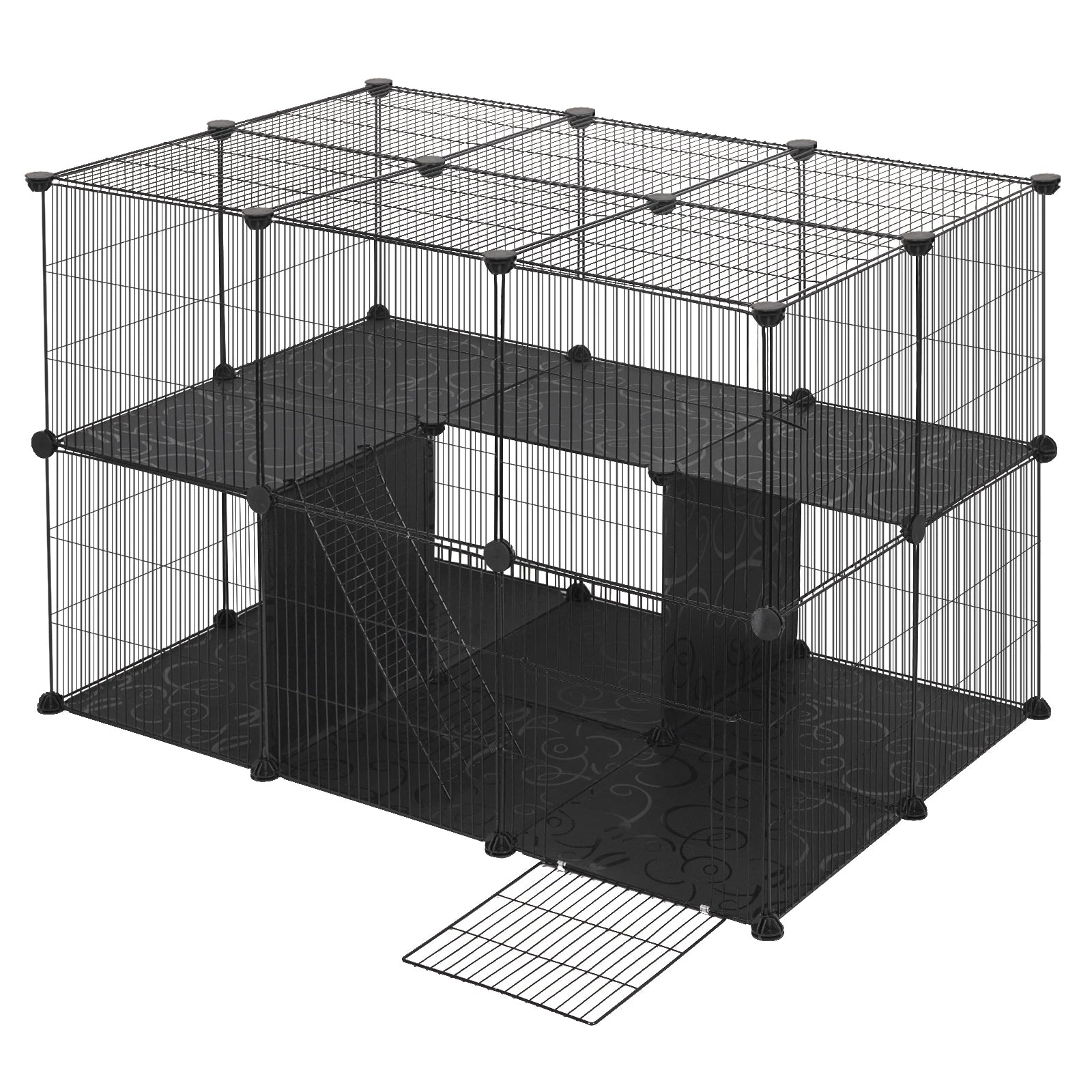 DIY Schwarzer Freilaufgehege mit Tür und Treppe für Kleintiere – 38 Paneele, Zweistöckig, für Katzen, Kaninchen und Hunde - Unique Outlet