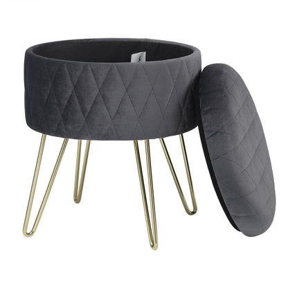 Samt-Puff Hocker mit Stauraum und Deckel - Rund, mit goldenen Metallfüßen für Sofa und Schlafzimmer - Unique Outlet