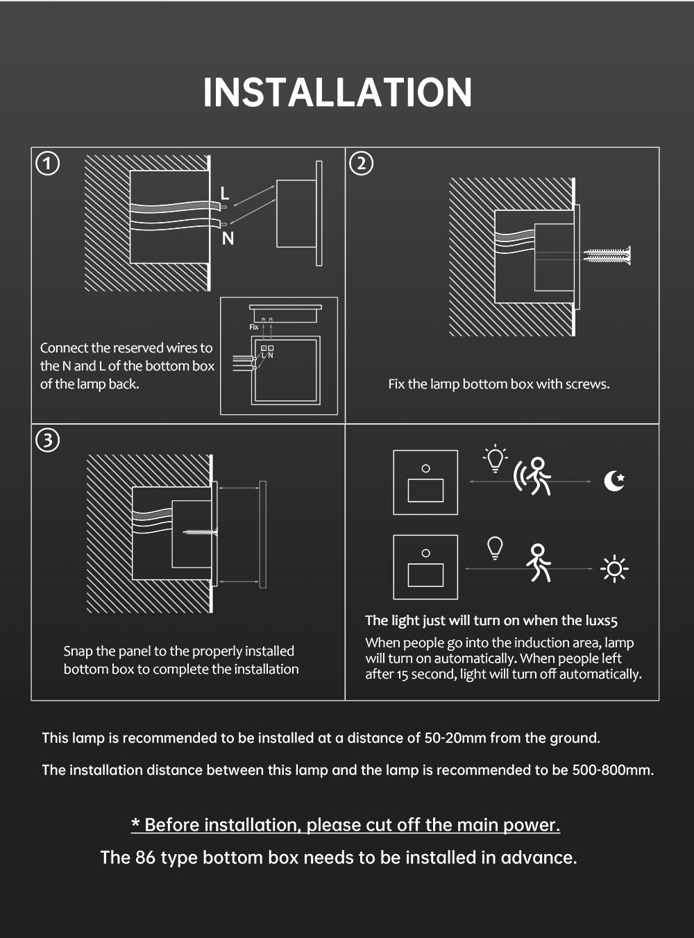 Einbau-LED-Wandleuchte, Treppen-LED-Licht, Bewegungsmelder-Sensor, AC85-265V, Flur-Treppen-Beleuchtung, Wandleuchte - Unique Outlet