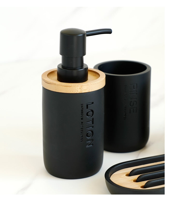 Bad-Accessoires Set oder einzeln Seife Lotion Dispenser Zahnbürstenhalter Seifenschale Becher Pumpe Flasche Tasse Holz Schwarz oder Weiß - Unique Outlet