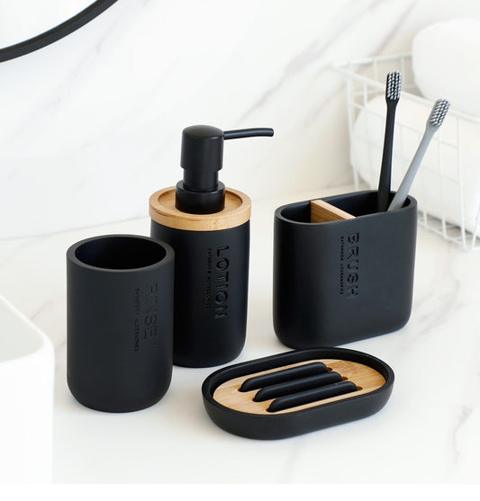 Bad-Accessoires Set oder einzeln Seife Lotion Dispenser Zahnbürstenhalter Seifenschale Becher Pumpe Flasche Tasse Holz Schwarz oder Weiß - Unique Outlet