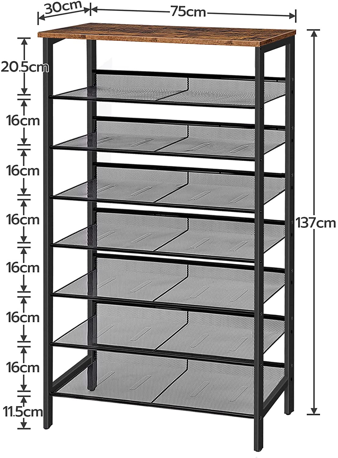 8-Etagen-Schuhregal, großer schlanker hoher Schuhschrank mit flachen und geneigten Mesh-Regalfächern für 24-32 Paar Schuhe, Flur - Unique Outlet