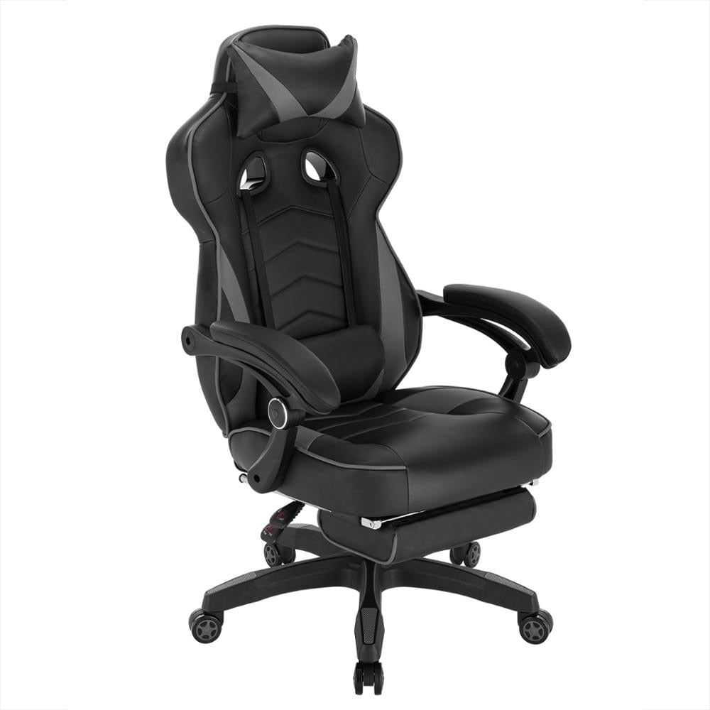 Gaming Stuhl mit Fußstütze, Kopf- und Lendenkissen. Einstellbarer Racing Bürostuhl, Schreibtischstuhl, Computerstuhl. Komfortable, robuste und ergonomische Ausführung. - Unique Outlet