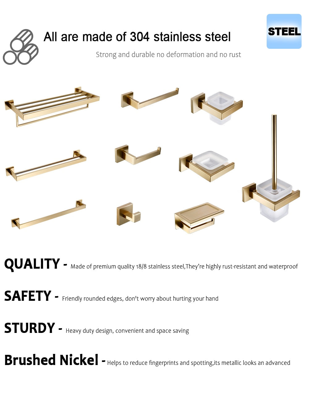 Gebürstetes Edelstahl Badezimmer-Zubehör, Toilettenpapierhalter, Handtuchstange, Regal, Haken, Seifenschale und Toilettenbürste - Unique Outlet